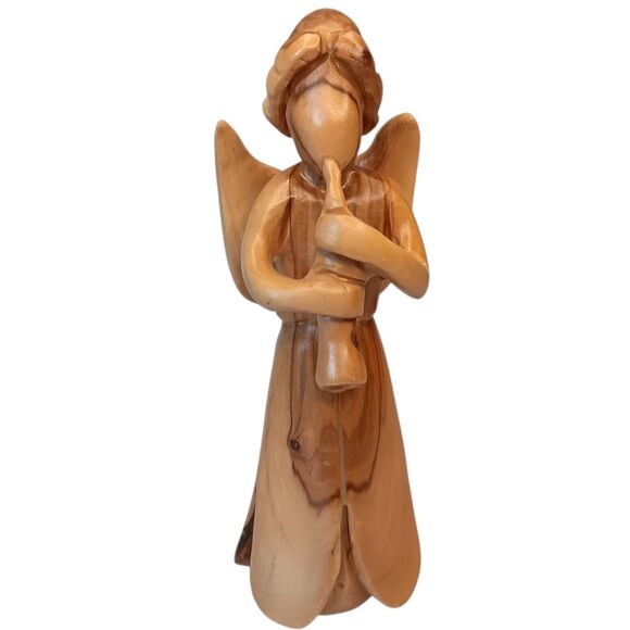 Hand Carved Angel Playing Horn Made Of The Olive Wood Tree From Israel 7.5" x 4" - Picture 11 of 11